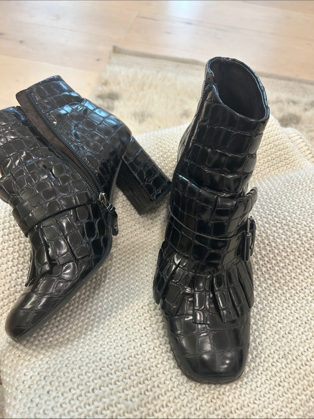 Croc-Embossed Black Ankle Booties with Fringe and Buckle size 9, soft leather